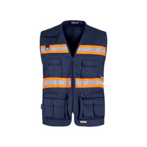 Colete tipo safari com fitas refletoras-fluorescentes azul marinho e laranja